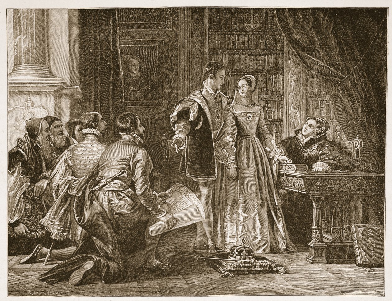Lady Jane Greys motvilje mot å akseptere kronen, Sion House, 8. juli 1553, illustrasjon fra 'The Church of England: A History for the People' av HDM Spence-Jones, pub. ca. 1910 (sepia-bilde av Charles Robert Leslie