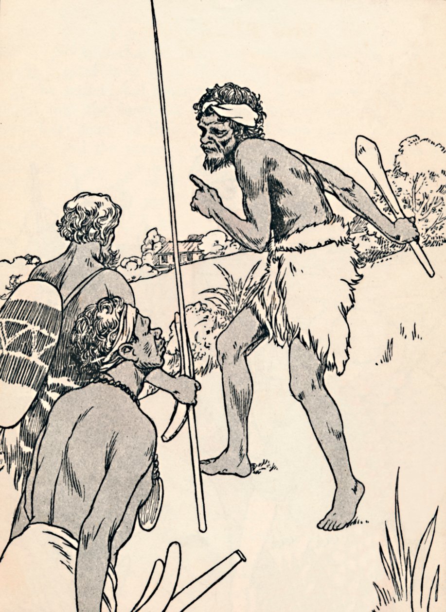 Aboriginale menn nærmer seg en nybyggergård, 1912 av Charles Robinson