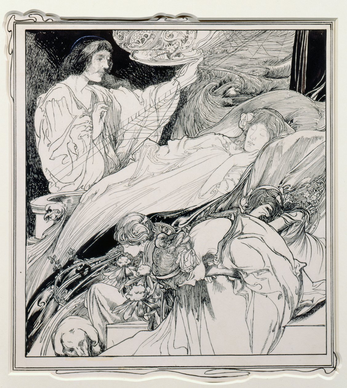 There She Lay, Looking So Beautiful, illustrasjon fra Briar Rose, The True Annals of Fairyland - The Reign of King Herla, pub. av J.M. Dent & Co. Ltd., 1900 av Charles Robinson