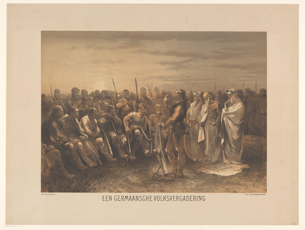 Germanic People's Meeting A Germanic People's Meeting (tittel på objekt) Serie med tjuefire patriotiske historieplater, for skole og hus (serietittel) av Charles Rochussen