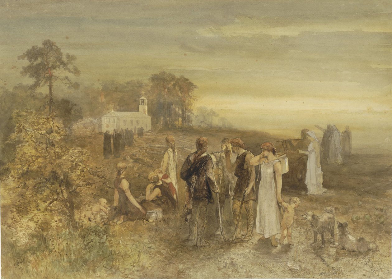 Munker tar veien til en kirke, overvåket av en gruppe tyskere av Charles Rochussen