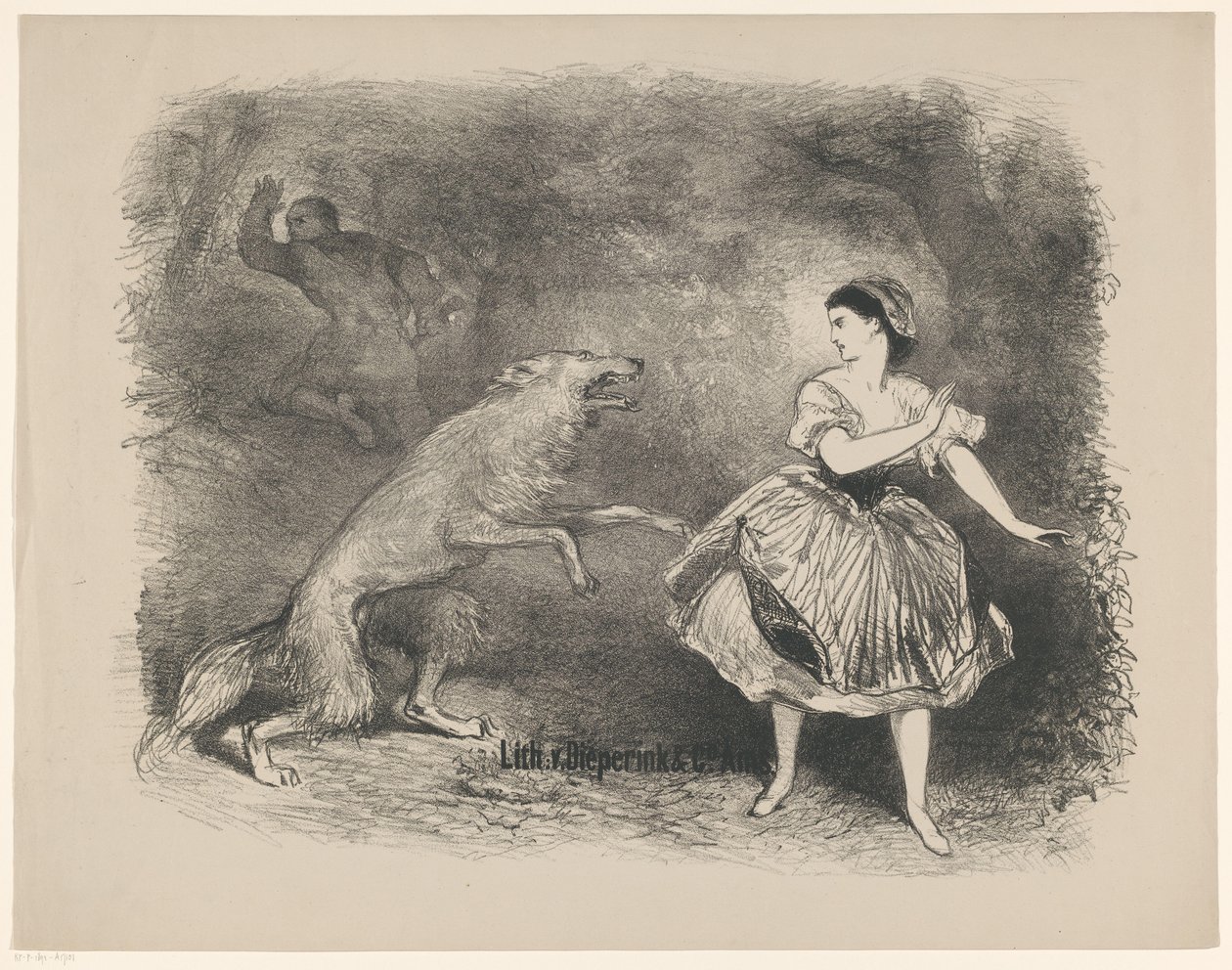 Scene fra ballett Rødhette og ulven Kunngjøringer om balletter og skuespill fremført i Amsterdam City Theatre (serietittel) av Charles Rochussen