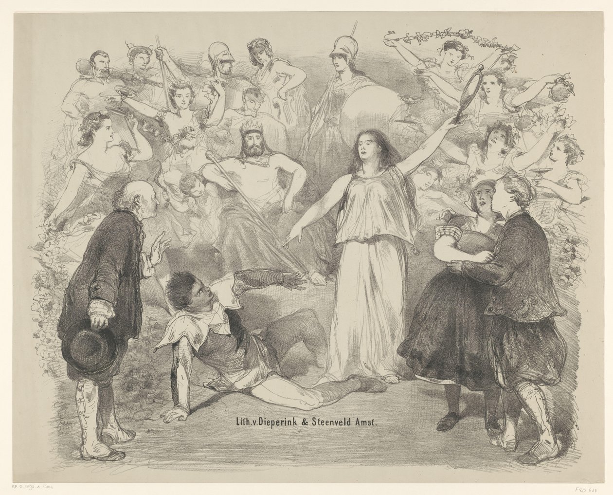 Scene fra stykket Sannhet og Løgn Kunngjøringer om balletter og skuespill fremført i Amsterdam City Theatre (serietittel) av Charles Rochussen