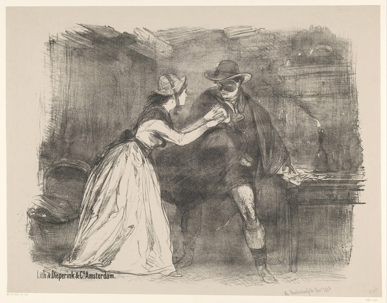 Scene fra scenedramaet The Child Robber Kunngjøringer om balletter og skuespill fremført i Amsterdam City Theatre (serietittel) av Charles Rochussen