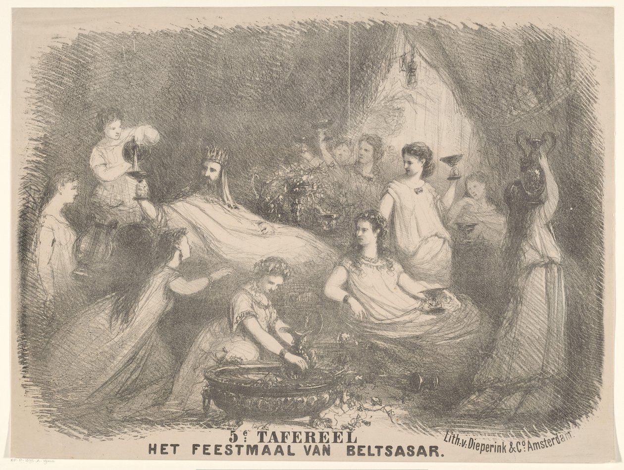 Scene fra stykket Belsasars fest Scene 5 The Banquet of Beltsasar (tittel på objekt) av Charles Rochussen