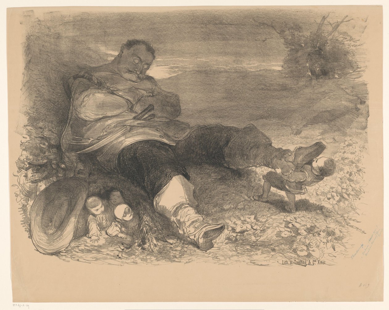 Scene fra stykket Little Thumb Kunngjøringsbilletter til balletter og skuespill fremført i Amsterdam City Theatre (serietittel) av Charles Rochussen