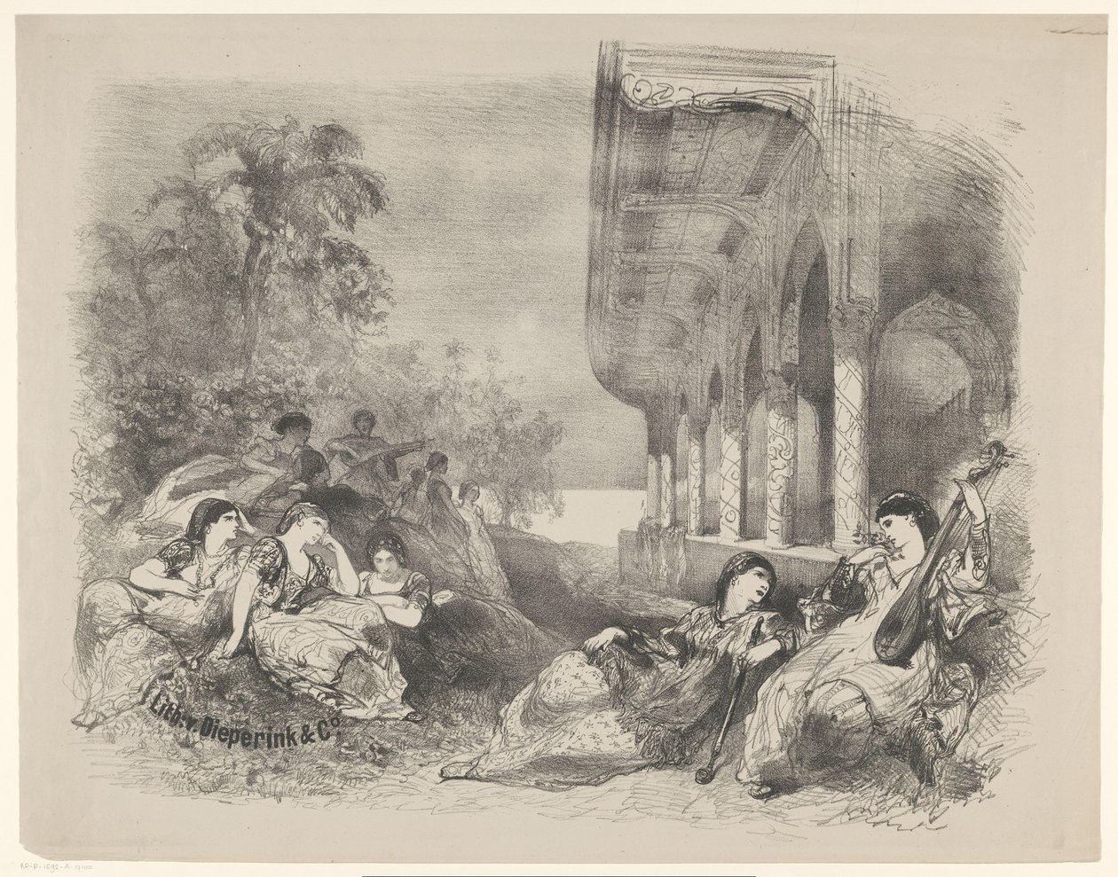 Scene fra lek med orientalske kvinner Kunngjøringer om balletter og skuespill fremført i Amsterdam City Theatre (serietittel) av Charles Rochussen