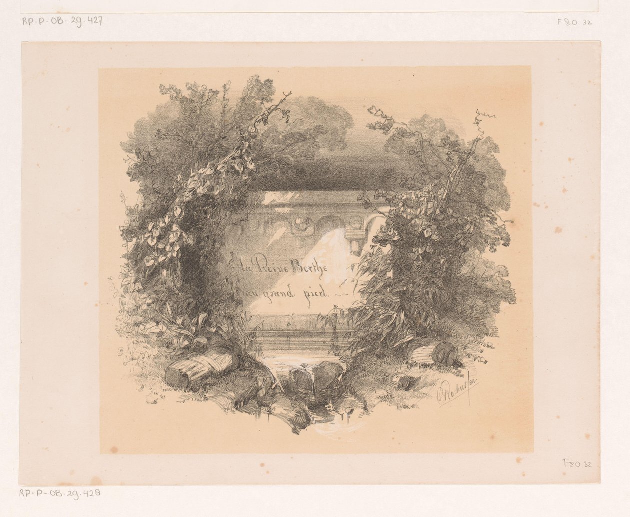 Tittel på vegg i landskap Tittelside for: Jacques Collin de Plancy, La Reine Berthe au grand pied, 1842 av Charles Rochussen