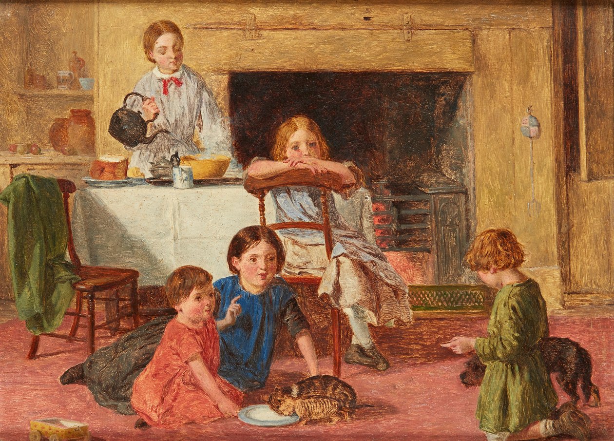 Mate den nye kattungen (olje på panel) av Charles Rossiter
