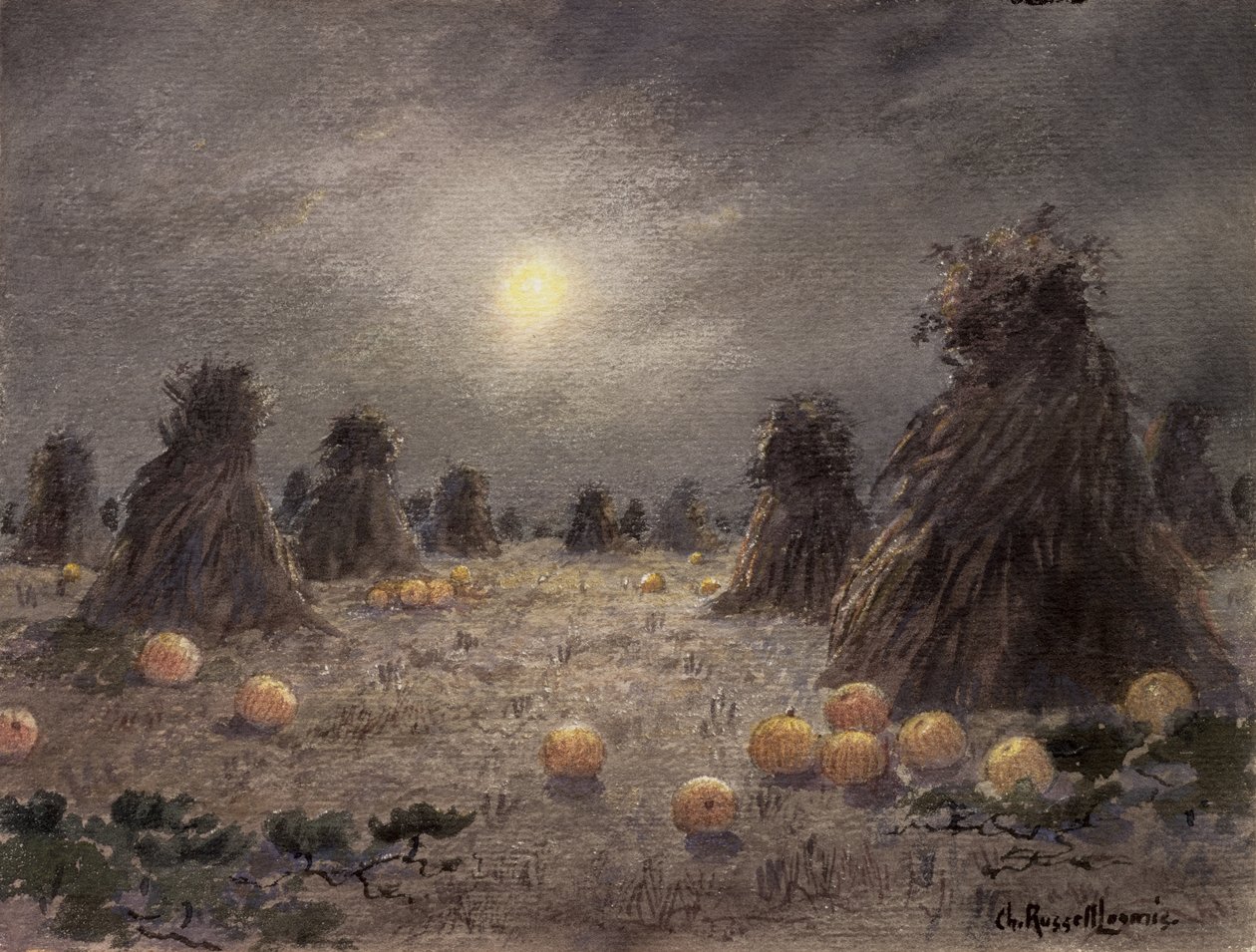 Autumn Harvest by Moonlight (wc på papir) av Charles Russell Loomis