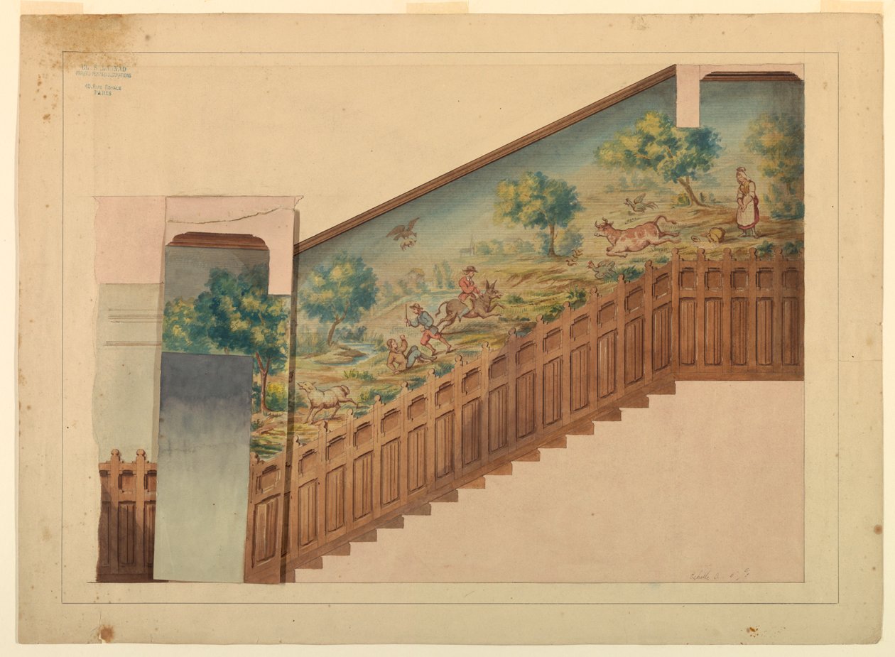Design med overlegg for del av trappen i Château-sur-Mer, Newport, Rhode Island av Charles Salagnad, French