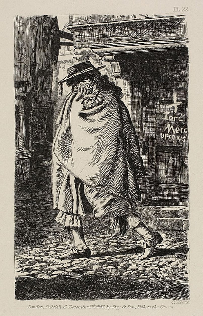 En kledd figur som går gjennom gaten (på pestens tid i London) av Charles Samuel Keene