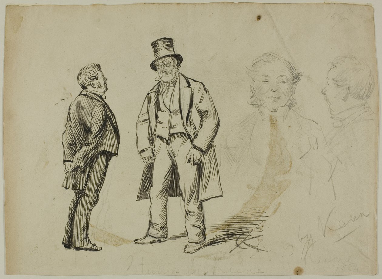 Skisse av to stående menn og to portretter av Charles Samuel Keene