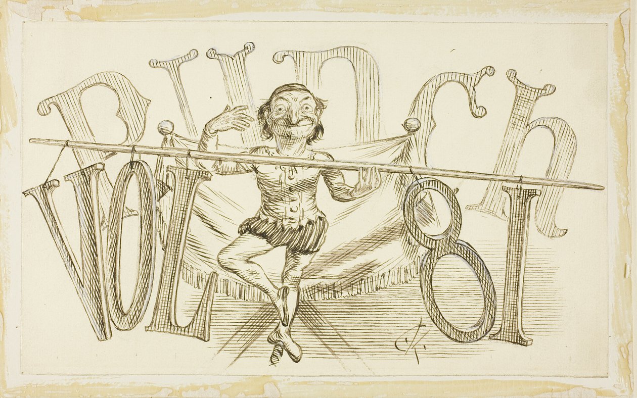 Studie for tittelside fra Punch, bind 81 av Charles Samuel Keene