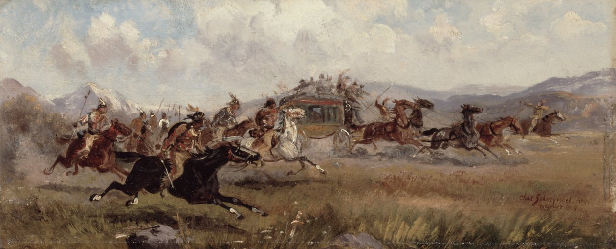 Sioux angriper en diligence, 1909 av Charles Schreyvogel
