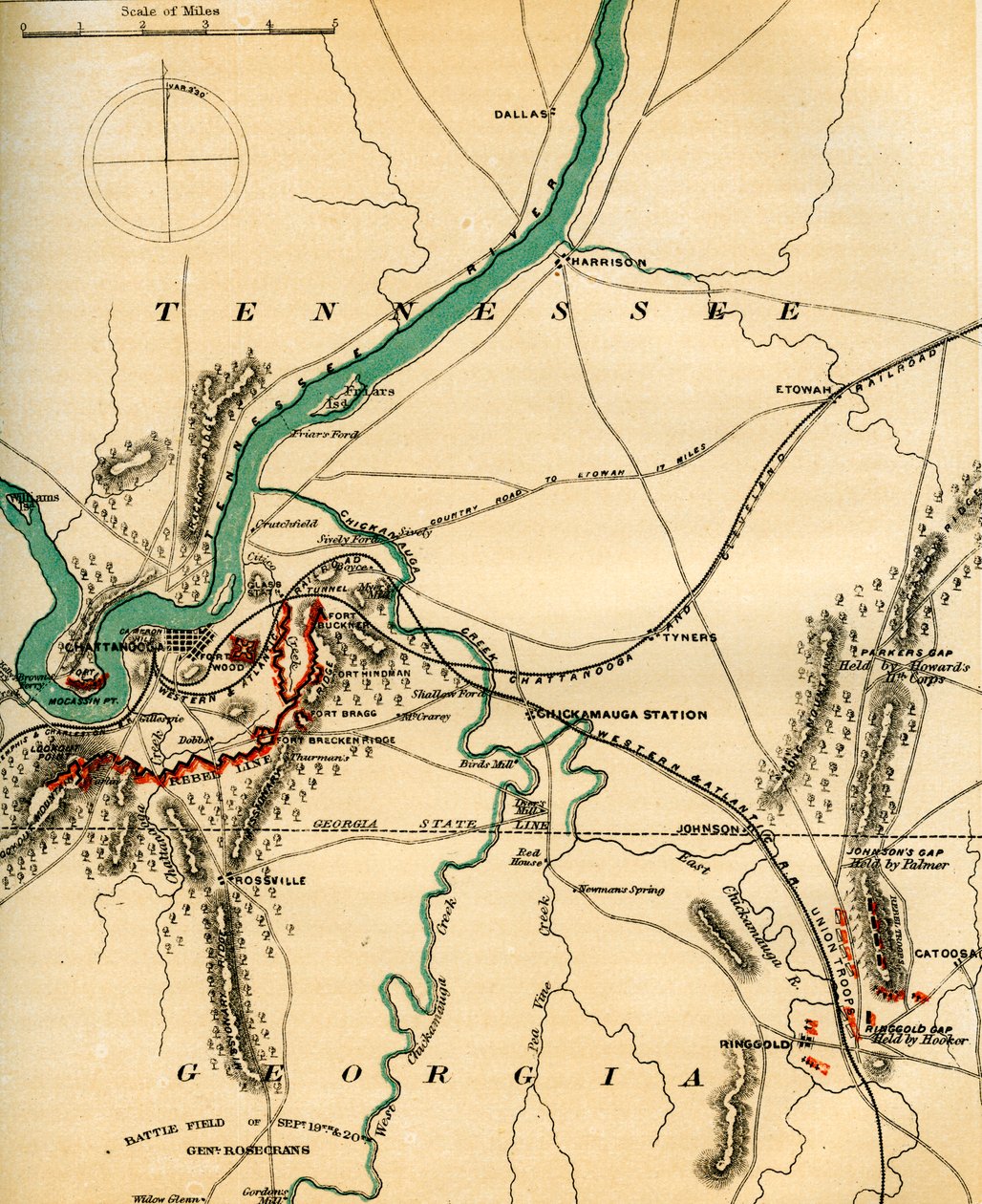 Kart over Chattanooga og dets forsvar, Tennessee, 1862-1867. av Charles Sholl