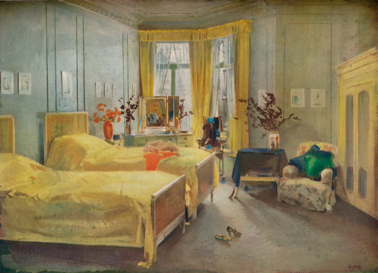An Interior Scene: et soverom designet av Mme. Gloria Silva på Hotel Metropole, London, 1922 av Charles Sims