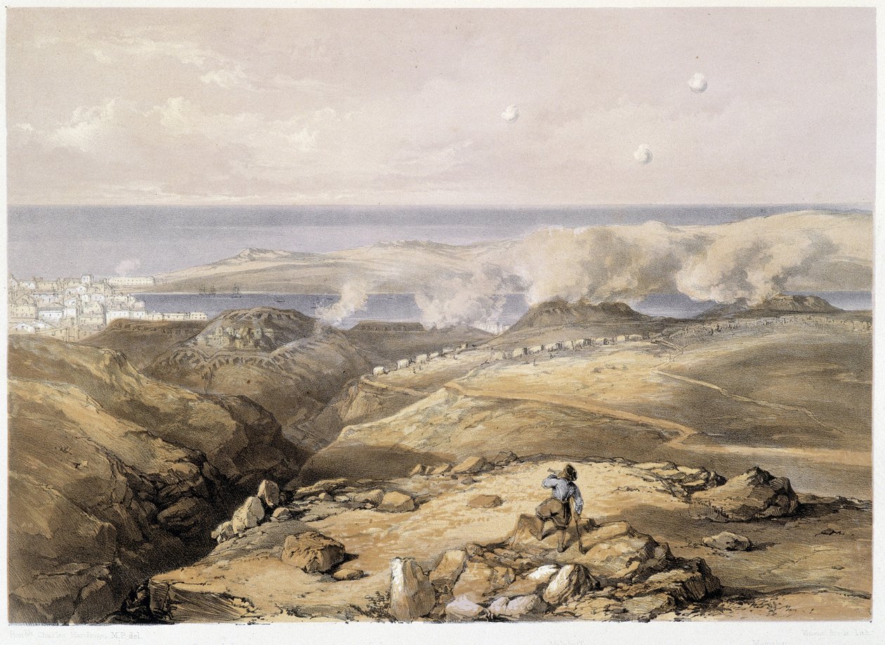 Russiske batterier i “” Sebastopol””” av CH.Hardinge. Litho av Vincent Brooks, d. London 1855 Henry Graves. av Charles Stewart Hardinge