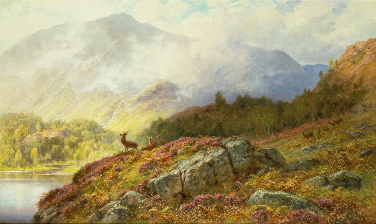 Hjort i et høylandslandskap (olje på lerret) av Charles Stuart