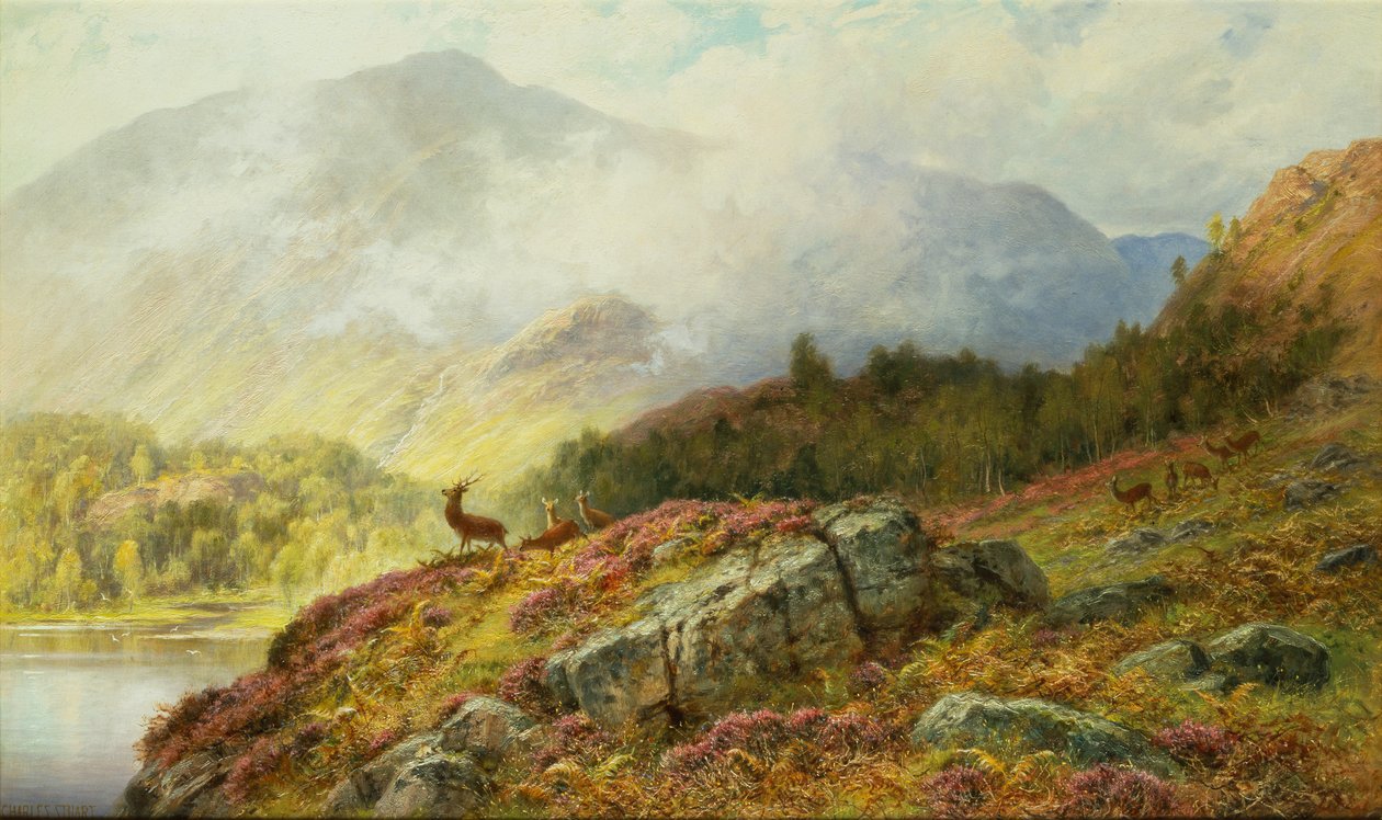 Hjort i et høylandslandskap (olje på lerret) av Charles Stuart