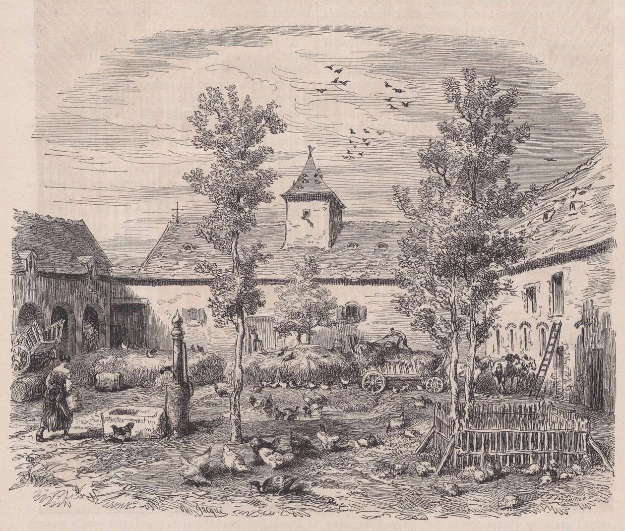 Innvendig utsikt over en gård, fra Le Magasin Pittoresque, ca. 1852. av Charles Tamisier