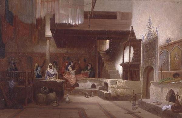 The Hammam (olje på lerret) av Charles Theodore  Frere