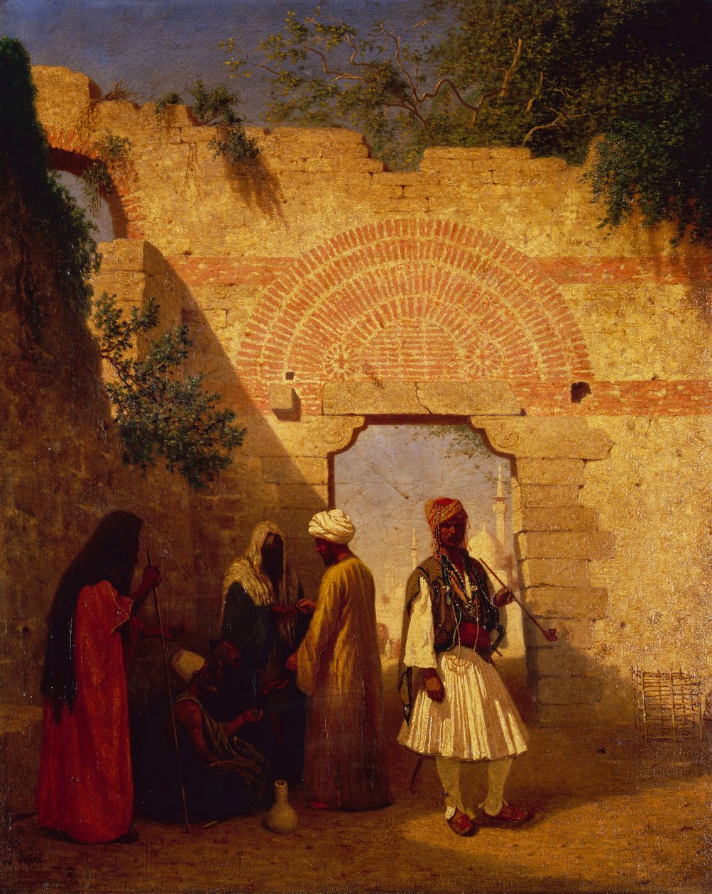 Arabere foran en port, Damaskus, Syria (olje på lerret) av Charles Theodore  Frere