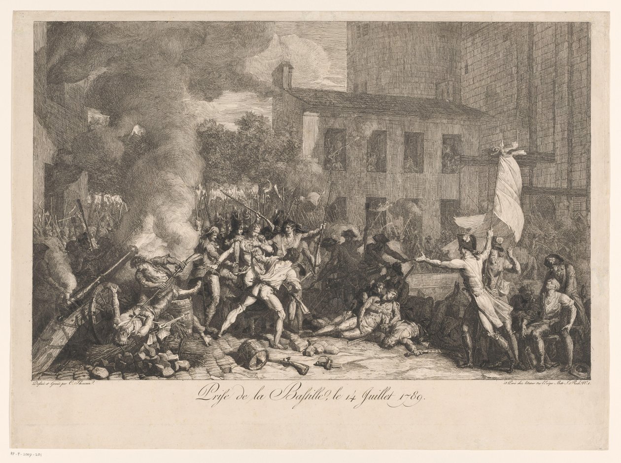 Beststorming van de Bastille, 14. juli 1789 Storming of the Bastille, 14. juli 1789 (tittel på objekt) av Charles Thevenin