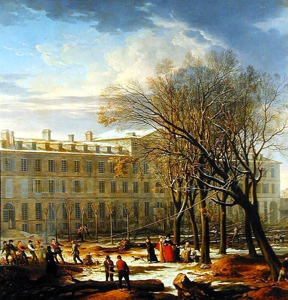 Figurer feller trær utenfor en bygning i Paris (olje på lerret) av Charles Thevenin