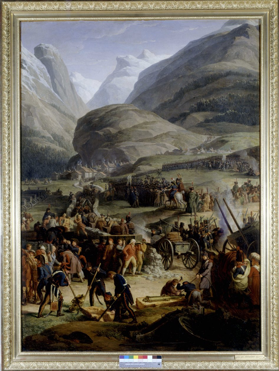 Den franske hæren i landsbyen Saint Pierre for kryssingen av Saint Bernard-passet - av Charles Thévenin, oljemaleri, tidlig på 1800-tallet. av Charles Thevenin