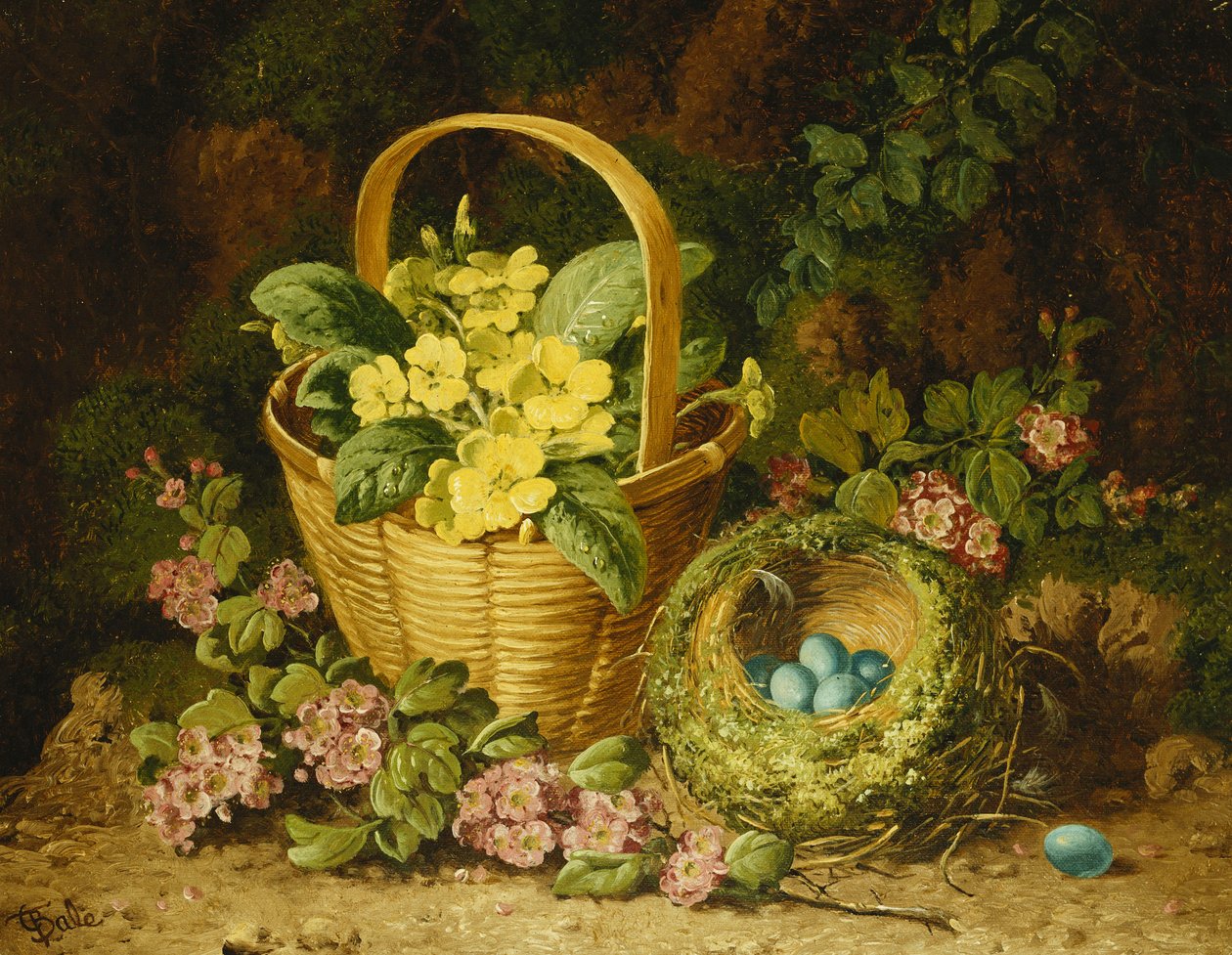 Primroser i en kurv, Japonica og et fuglerede, av Charles Thomas Bale