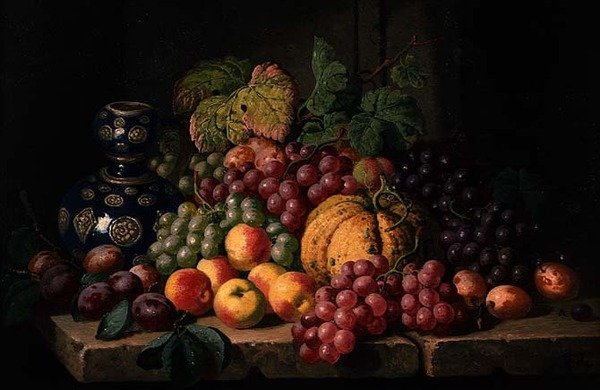 Stilleben med frukt og en blå vase (olje på lerret) av Charles Thomas Bale
