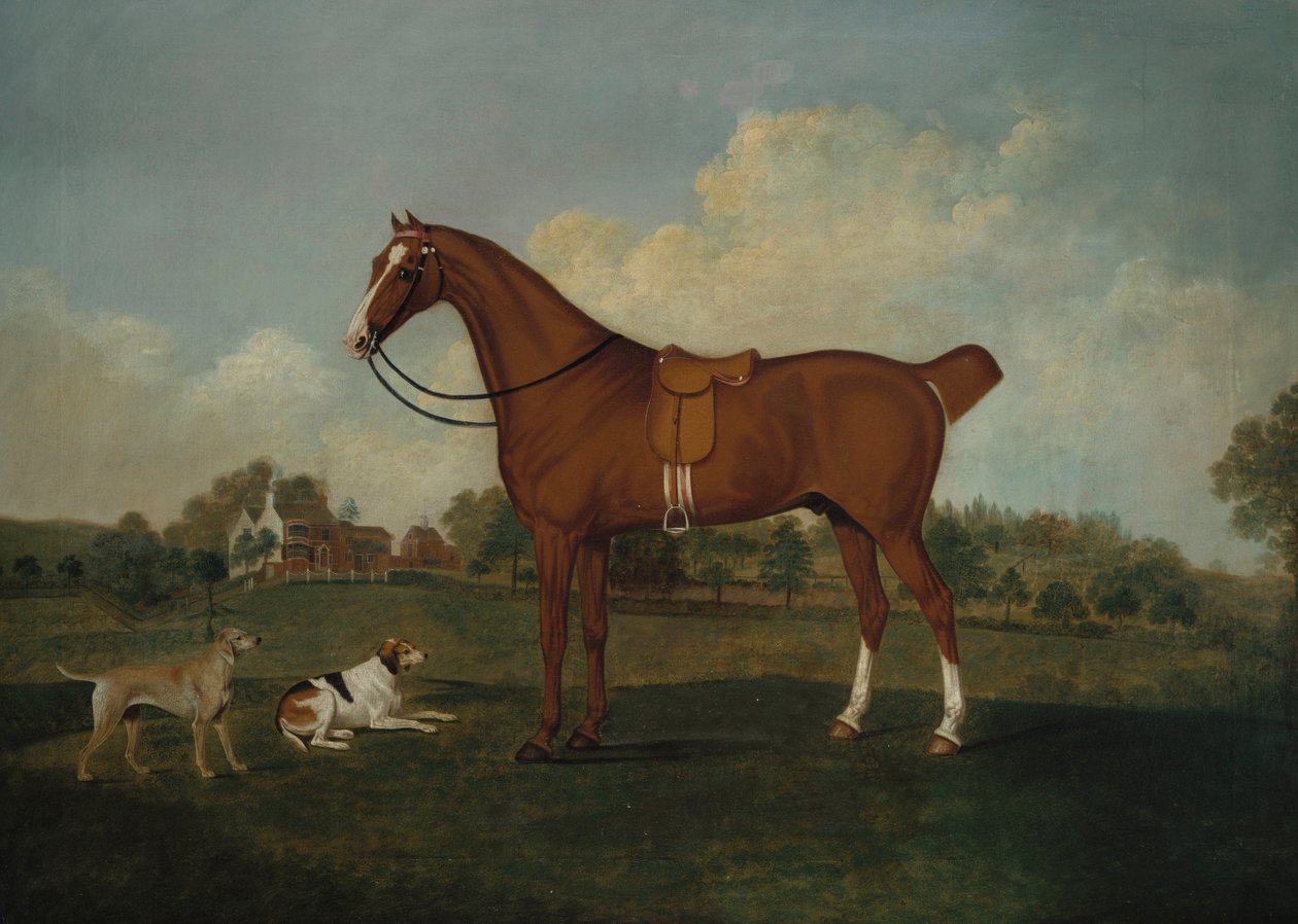 En buktjeger med to hunder i et landskap, med et herskapshus bortenfor, 1779 av Charles Towne