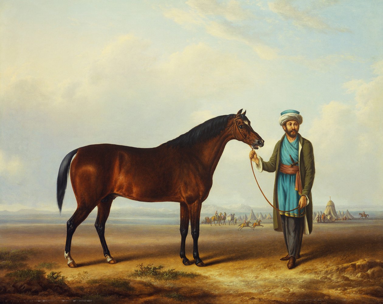 En arabisk hingst holdt av en brudgom med et leir utenfor av Charles Towne