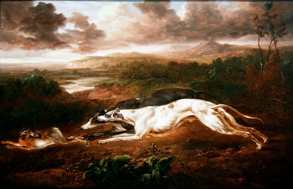 To mynder som løper etter en hare (olje på panel) av Charles Towne