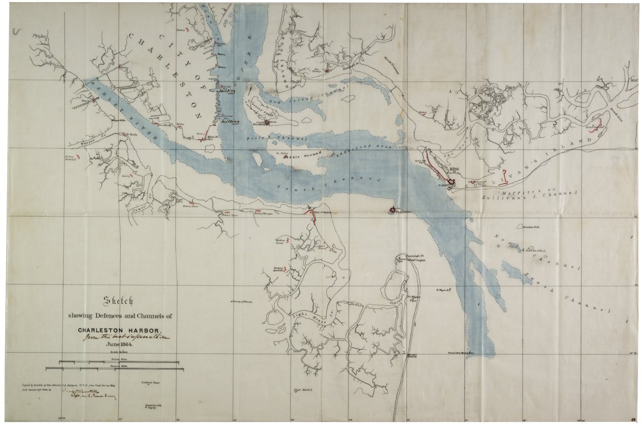 Skisse som viser forsvar og kanaler i Charleston Harbour, juni 1864 (blekk på oljeduk) av Charles V. Bartelle
