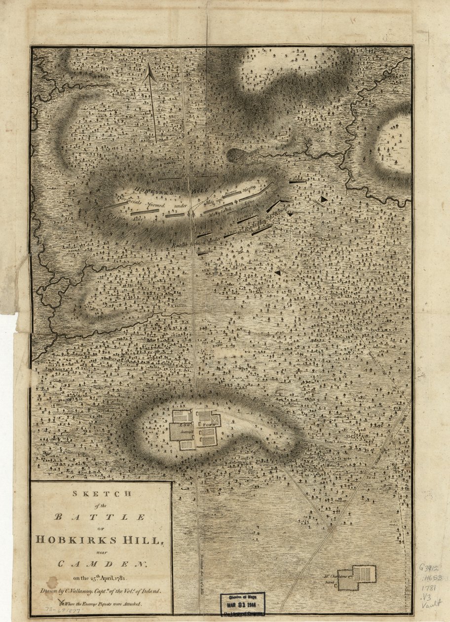 Skisse av slaget ved Hobkirks Hill, nær Camden, den 25. april 1781, publisert i London, 1794 av Charles Vallancey