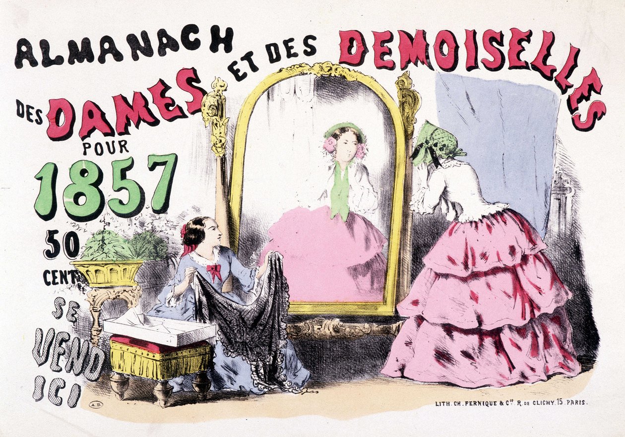 Reklameplakat for Almanach of Ladies and Ladies for 1857 (jenter foran et isskap), 50 cent av Charles Vernier