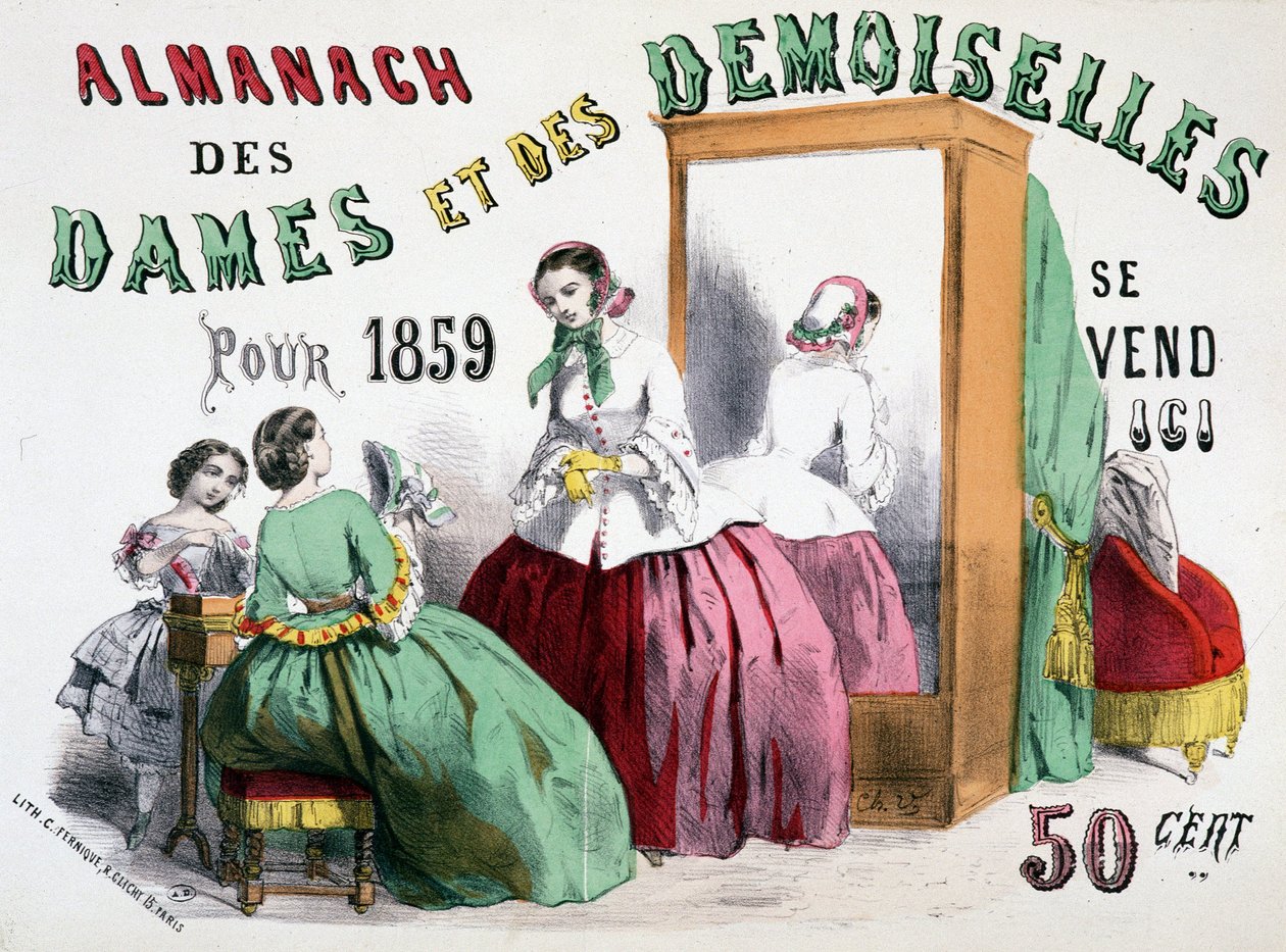 Reklameplakat for Almanach of Ladies and Ladies for 1859 (unge jenter snakker filler foran et isskap), 50 cent av Charles Vernier