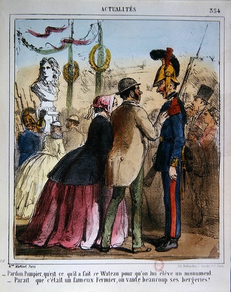 Tegneserie som gjør narr av oppføringen av en minnestatue av Watteau, ca. 1870 (farge litho) av Charles Vernier