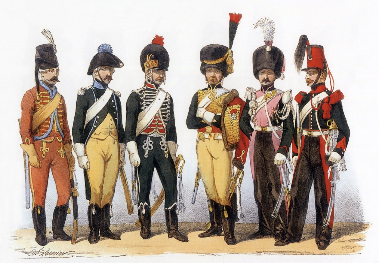 Kostymer til den franske hæren: Lancers gd: 1745 filjeger (under Louis XV); 1785 under Ludvig XVI; 1794 republikk; 1810 imperiale garde (1. imperium); 1824 kongegarde (restaurering); 1840, tegning av Charles Vernier (1831-1887). av Charles Vernier