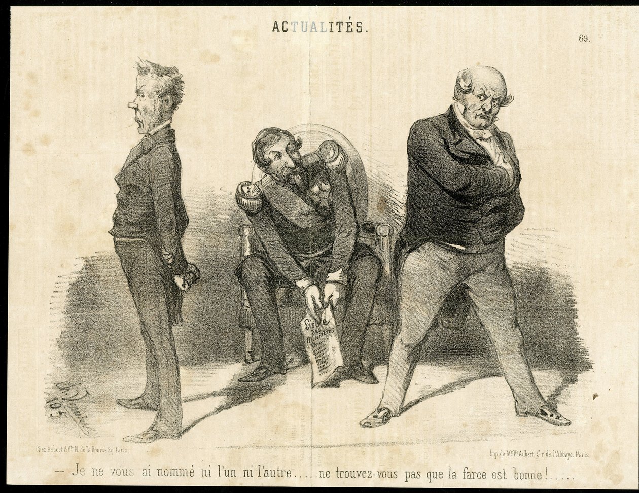 Illustrasjon av Charles Vernier (? -1887) i Le Charivari - republikkens president, Ministere, lenestol (symbol på makt) - Napoleon III, Barrot Odilon (1791-1873), minister, Faucher Leon (1803-1854) av Charles Vernier