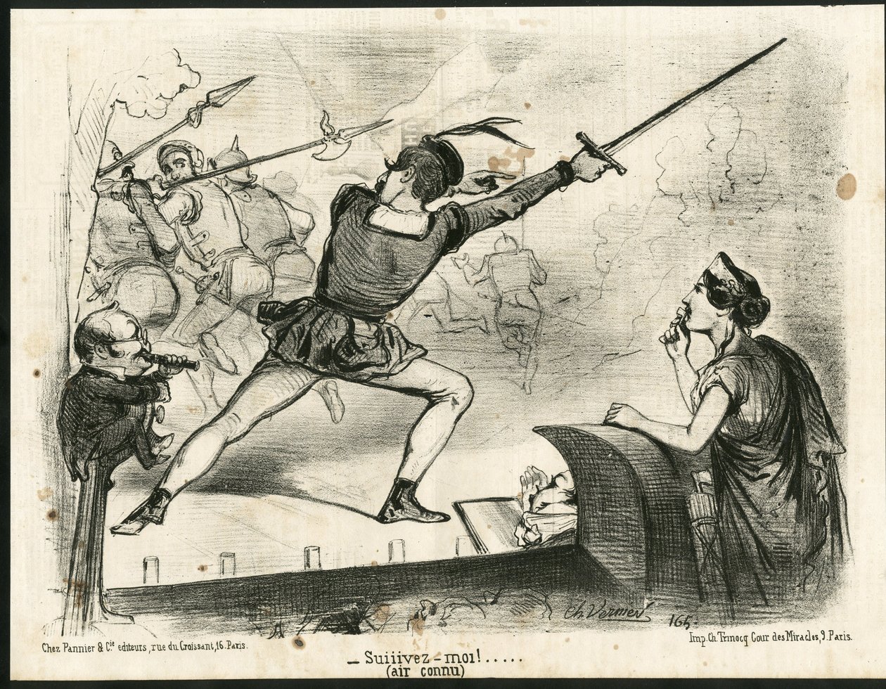 Illustrasjon av Charles Vernier (? -1887) i Le Charivari - Teater, republikkens president - Thiers Adolphe, Napoleon III av Charles Vernier