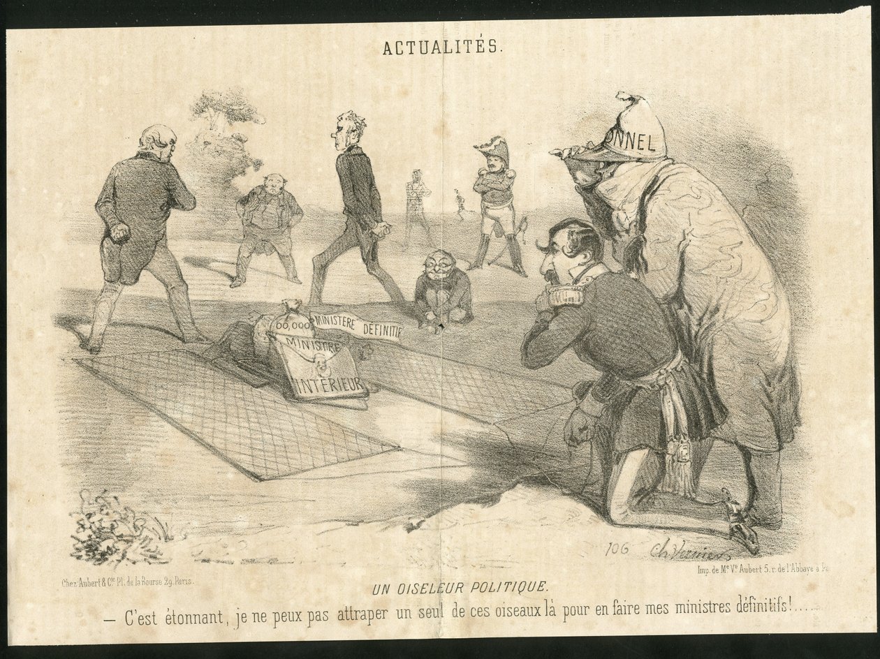 Illustrasjon av Charles Vernier (? -1887) i Le Charivari - En politisk fuglefugl - Republikkens president, Ministere de l'Interior - Thiers Adolphe, Napoleon III, Faucher Leon (1803-1854) - Portefølje av Charles Vernier