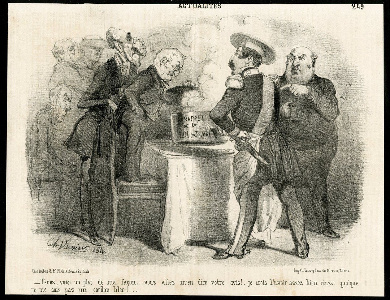 Illustrasjon av Charles Vernier (? -1887) i Le Charivari, ca. 1851-11 - Påminnelse om loven av 31. mai 1850 - Valg, republikkens president, størrelse, lov, stemmerett - Thiers Adolphe, Napoleon III, Dupin Andre- Marie dupinens øye (1783-1865) - Meg av Charles Vernier