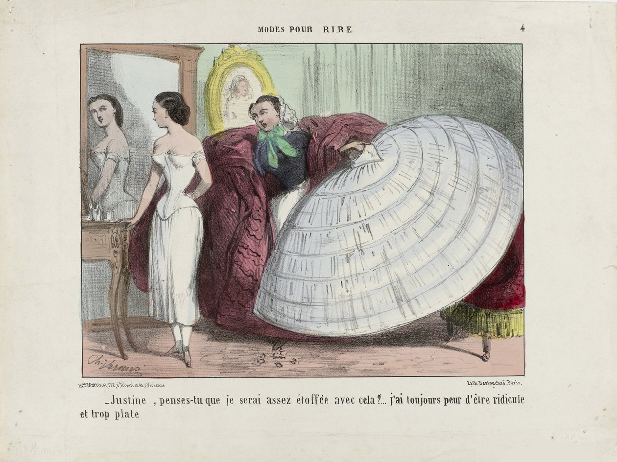 Justine, tror du jeg vil bli fyldig nok med dette... Fra Modes pour rire, 1855-1859. av Charles Vernier