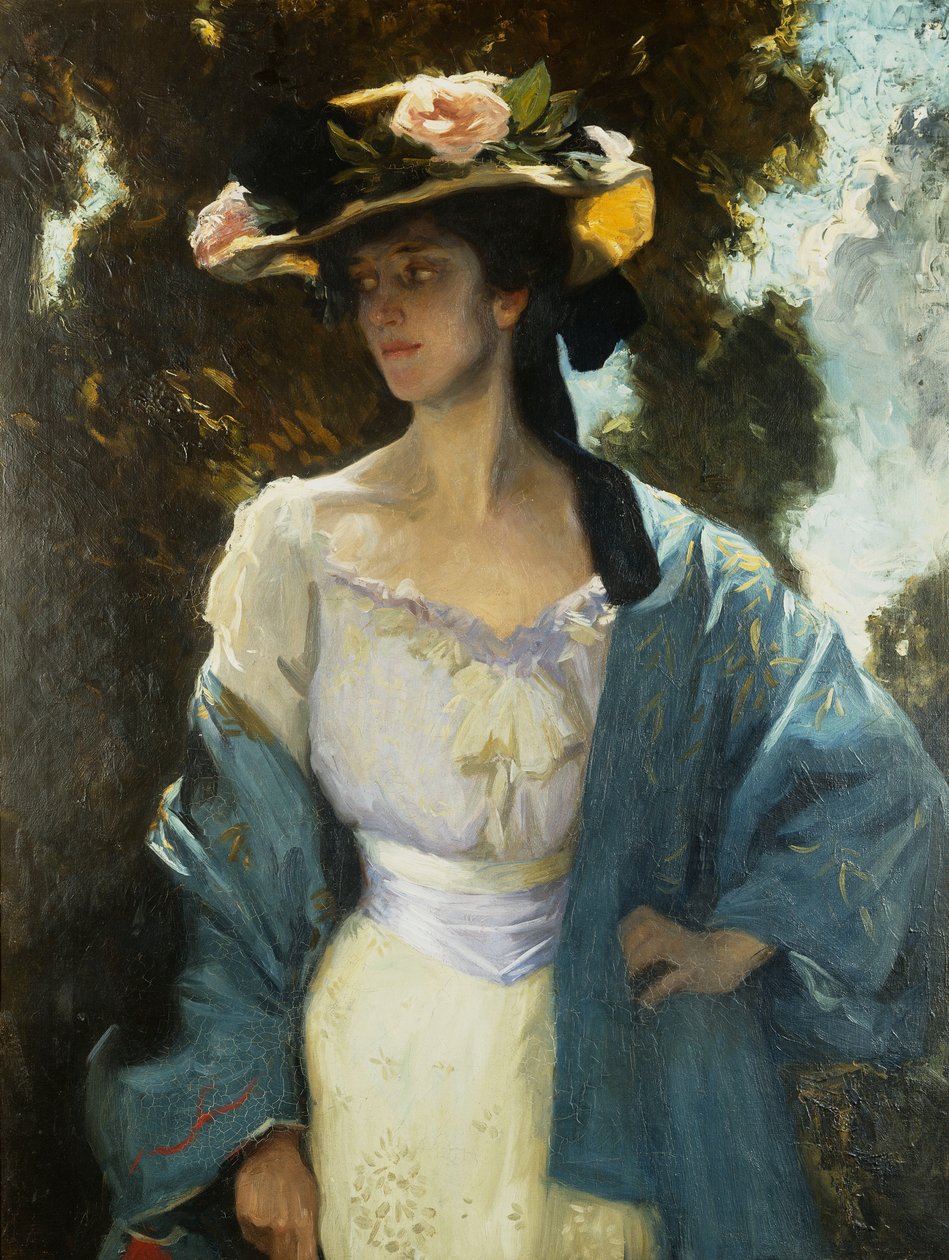 Portrett av Frances Josephine Furse, kunstnerens svigerinne iført en blå orientalsk jakke, 1903 av Charles Wellington Furse