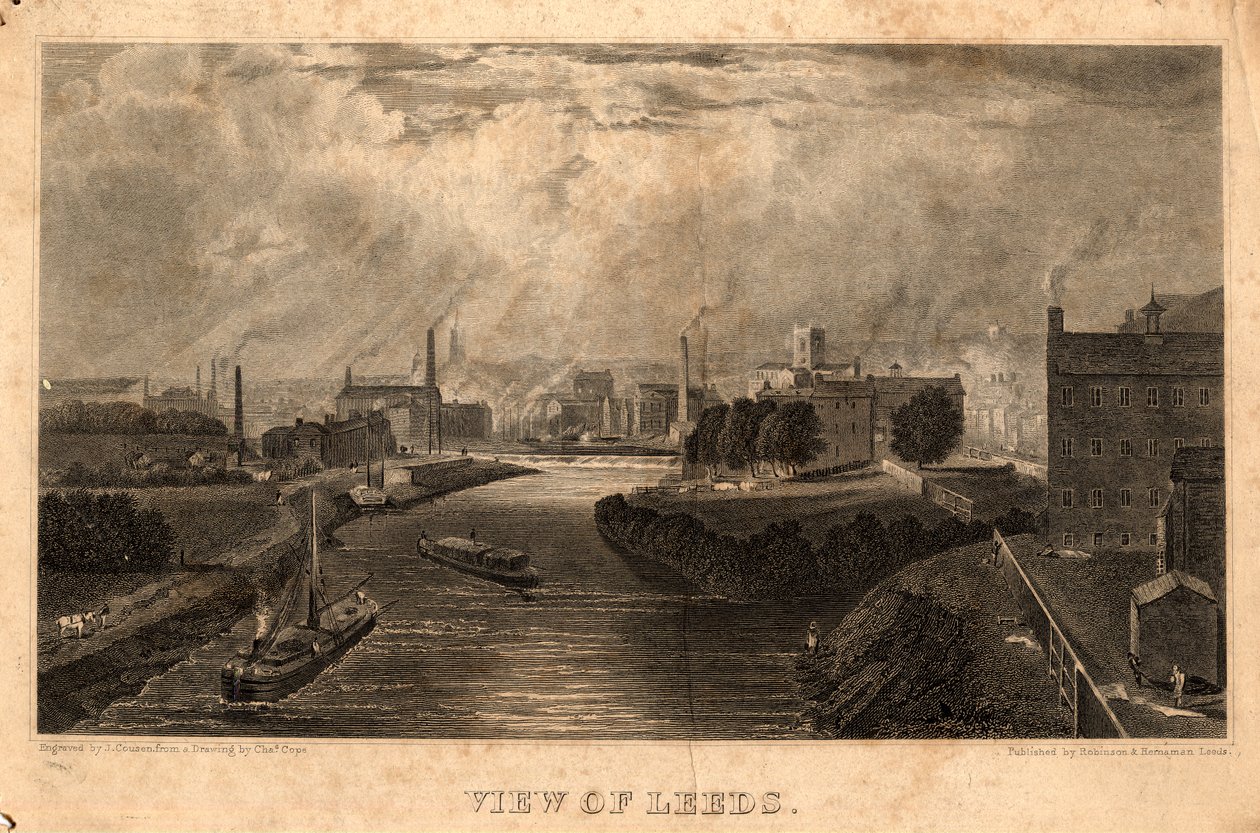 Utsikt over Leeds, gravert av J. Cousen, før 1827 (gravering) av Charles West (after) Cope