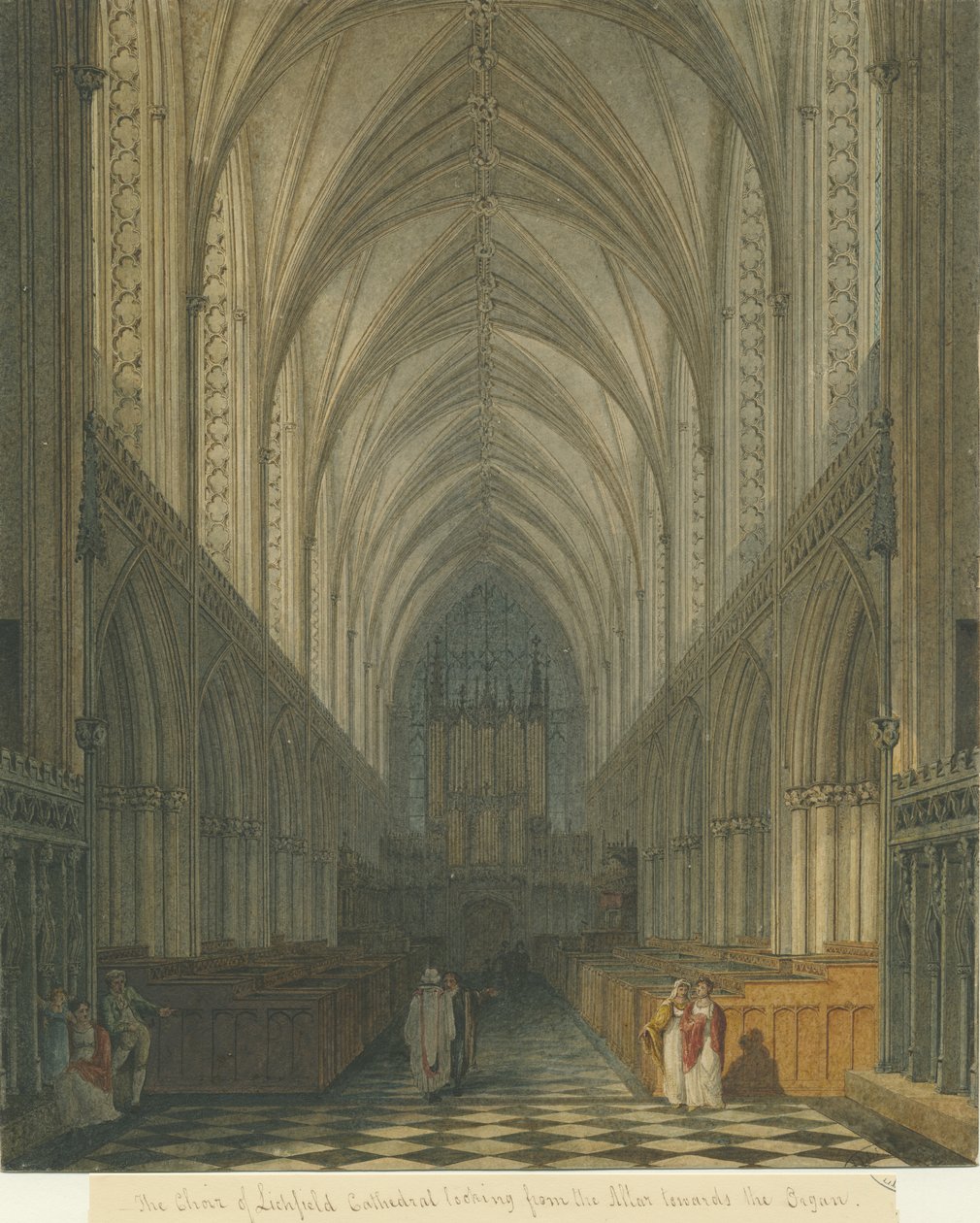 Interiør i Lichfield Cathedral - Kor: akvarellmaleri, ndc 1813] (maleri) av Charles Wild
