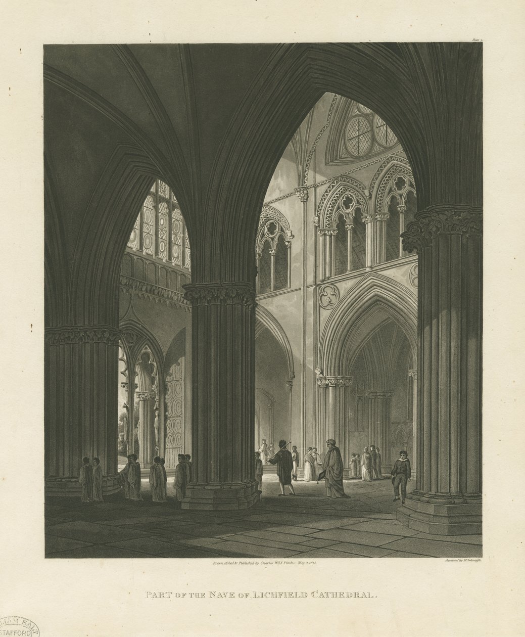 Interiør i Lichfield Cathedral - Nave: akvatintgravering av Charles Wild